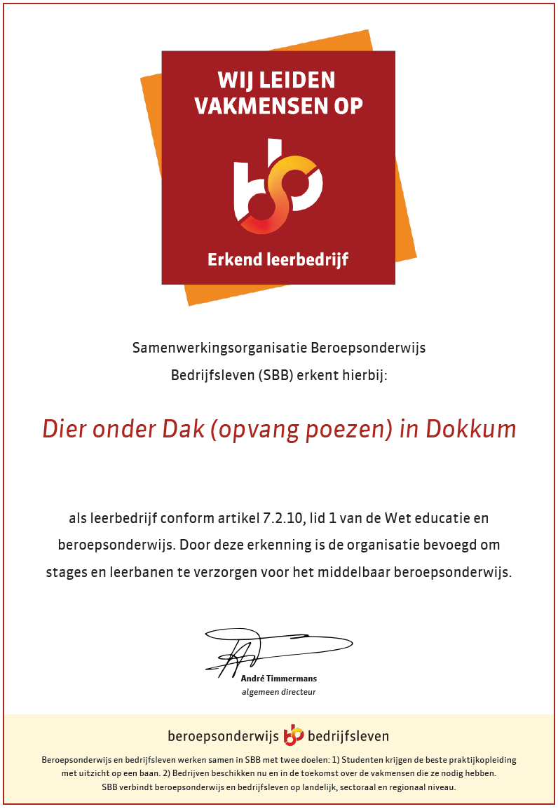 SBB-certificaat-DierOnderDakDokkum Erkend Leerbedrijf - Dier onder Dak Dokkum